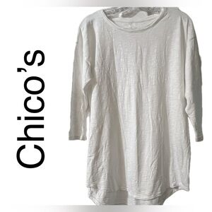CHICO’S TUNIC BLOUSE COLOR WHITE. SIZE:M/1 BUST:21” LENGTH: FRONT 27”/BACK 30”.